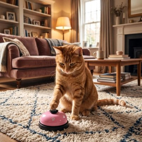jouet pour chat sonnette interactive rose avec chat