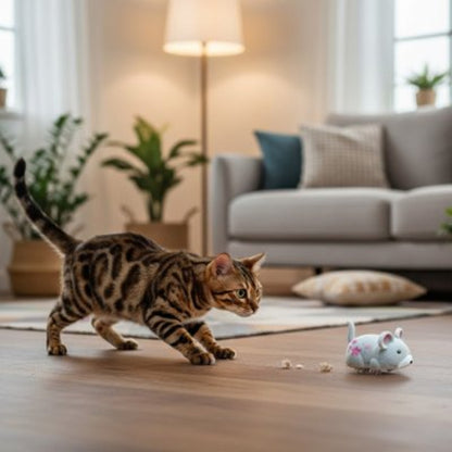 jouet pour chat souris electrique grise chat debout salon