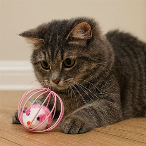 jouet pour chat souris en cage rose avec chat
