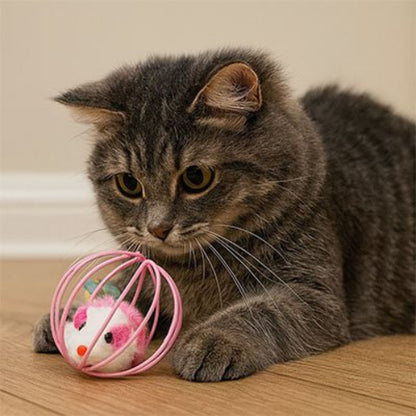 jouet pour chat souris en cage rose avec chat