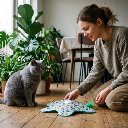 jouet pour chat tapis etoile maitresse avec chat assis
