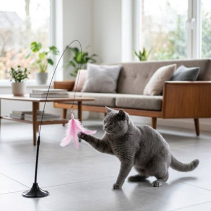 jouet pour chat tige plume rose chat jouant salon