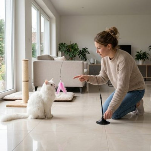 jouet pour chat tige plume rose maitresse avec chat