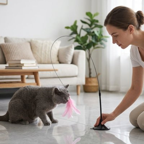 jouet pour chat tige plume rose maitresse chat salon