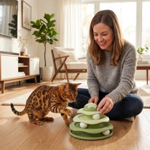 jouet pour chat tour spirale vert maitresse chat jouant
