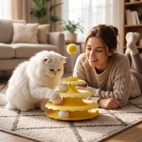 jouet pour chat trois etages jaune chat jouant maitresse