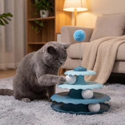 jouet pour chat trois niveaux bleu chat jouant salon