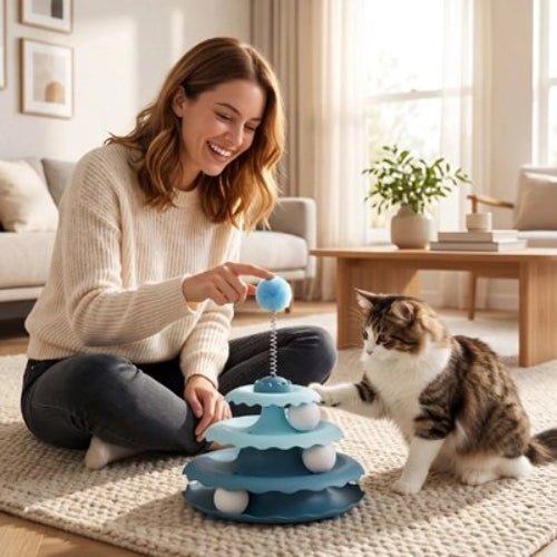 jouet pour chat trois niveaux bleu maitresse chat salon