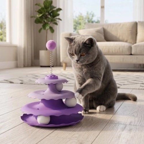 jouet pour chat trois niveaux violet chat jouant salon