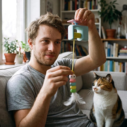 jouet pour chat yoyo automatique bleu maitre chat assis