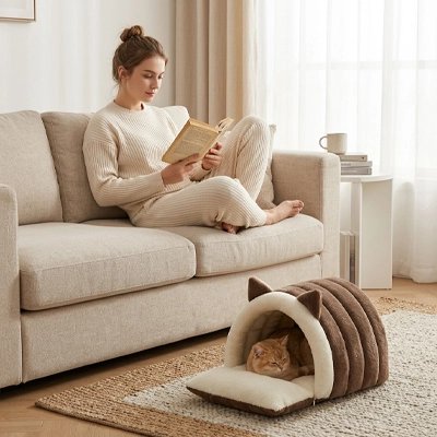 lit pour chat arche marron chat dormant maitresse salon