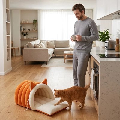 lit pour chat arche orange chat debout maitre cuisine