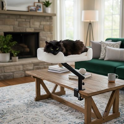 lit pour chat avec support beige chat allonge salon