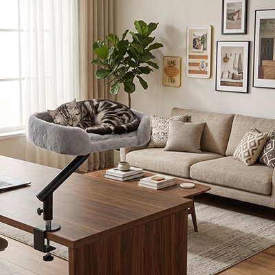 lit pour chat avec support gris chat dormant salon