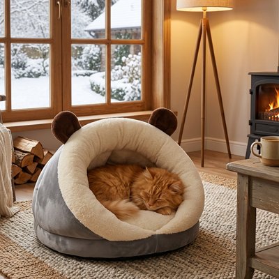 lit pour chat chenille gris chat dormant salon