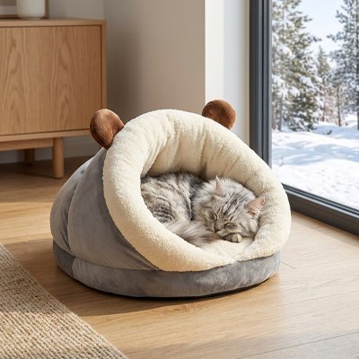 lit pour chat chenille gris chat dormant