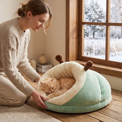 lit pour chat chenille vert chat dormant maitresse salon