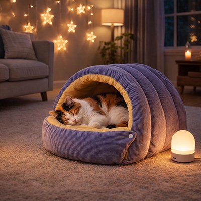 lit pour chat forme arquee violet chat dormant salon