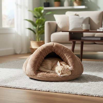 lit pour chat forme triangulaire brun chat dormant salon
