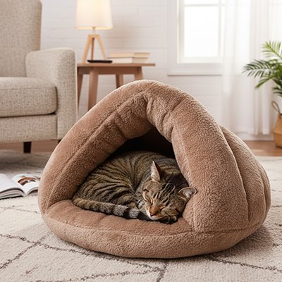 lit pour chat forme triangulaire brun salon chat dormant