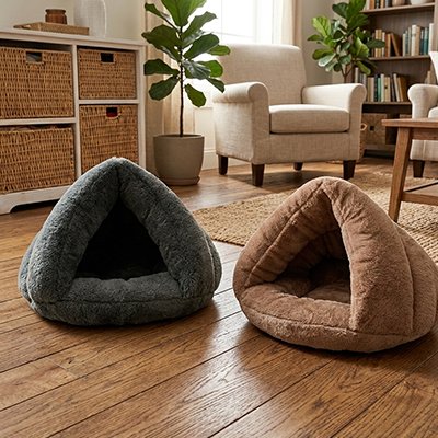 lit pour chat forme triangulaire gris brun salon