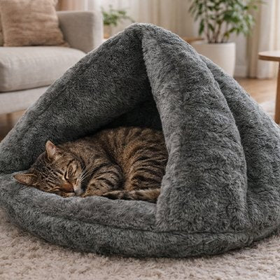 lit pour chat forme triangulaire gris chat dormant salon