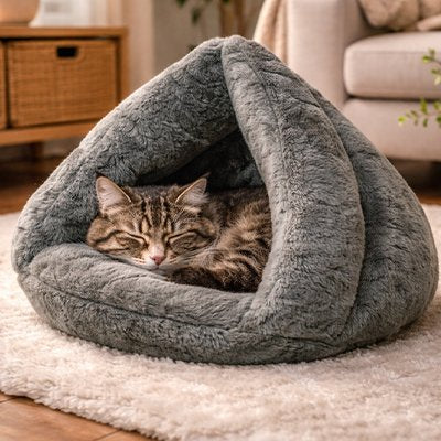 lit pour chat forme triangulaire gris salon chat dormant