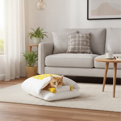 lit pour chat kawaii jaune chat allonge canape salon
