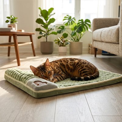 lit pour chat matelas orthopedique vert chat allonge salon