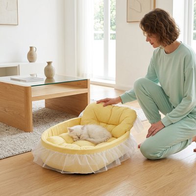 lit pour chat princesse jaune chat dormant maitresse salon