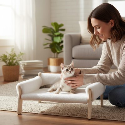 lit pour chat scandinave blanc chat debout maitresse salon