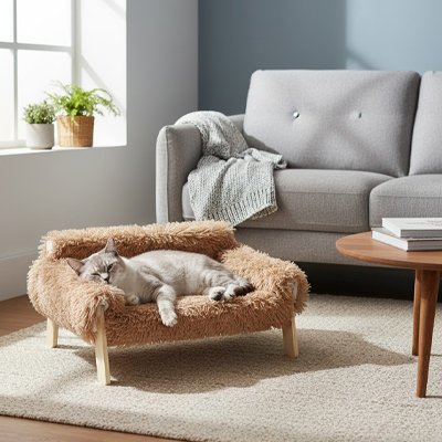 lit pour chat scandinave marron chat allonge canape salon
