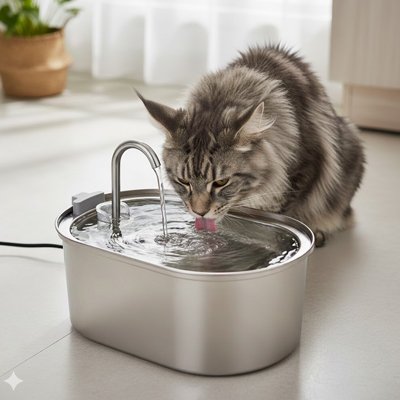 maine coon boit dans fontaine a eau chat au salon