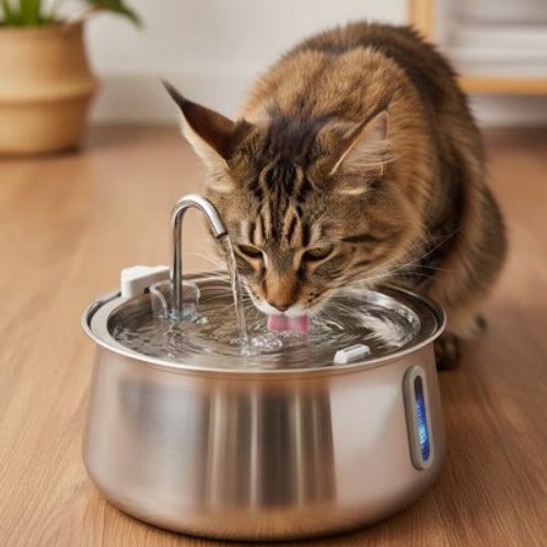 maine coon boit dans fontaine a eau chat