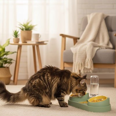 maine coon mangeant dans gamelle chat 3 en 1 couleur vert jaune dans salon