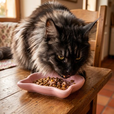 maine coon mangeant dans gamelle pour chat originale couleur rose