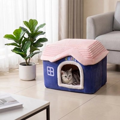 maison pour chat design decoratif bleu chat allonge salon