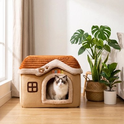 maison pour chat design decoratif marron chat debout salon