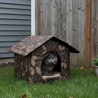 maison pour chat extérieur motif feuillage chat debout jardin