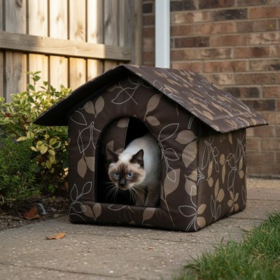 maison pour chat extérieur motif feuillage chat sortant jardin