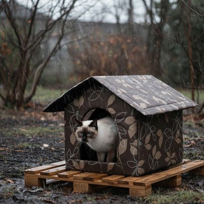 maison pour chat extérieur motif feuillage chat sortant pluie