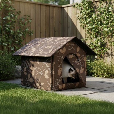 maison pour chat extérieur motif feuillage jardin chat debout