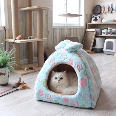 maison pour chat forme igloo fleurs chat allonge salon