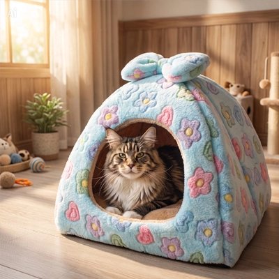 maison pour chat forme igloo fleurs chat allonge