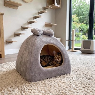 maison pour chat structure triangulaire grise chat allonge salon