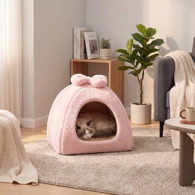 maison pour chat structure triangulaire rose chat dormant salon