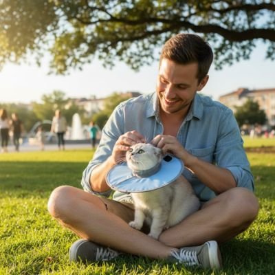maitre avec collerette chat pastel bleu jardin