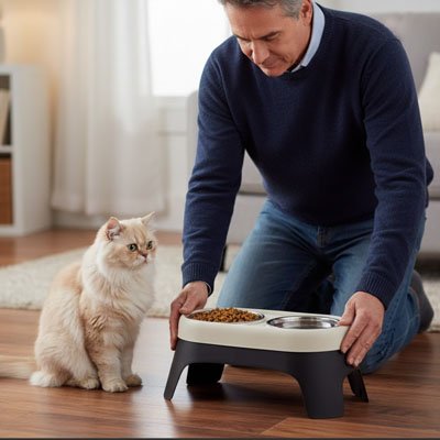 maitre et chat avec gamelle chat surelevee anti choc couleur blanc noir dans salon