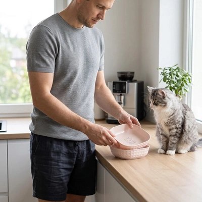 maitre tenant gamelles chaton coloree couleur rose dans cuisine avec chat