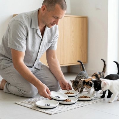 maitres et quatre chatons dans salon avec gamelles chaton decoration patte de chat et silicone noir